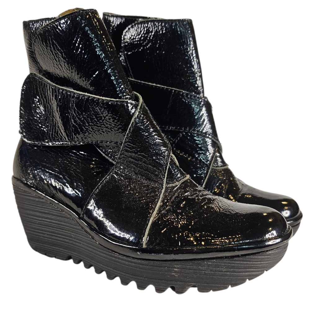 London Fly Rada Black Patent Leather Chunky Wedge Ankle Boots - Size 37